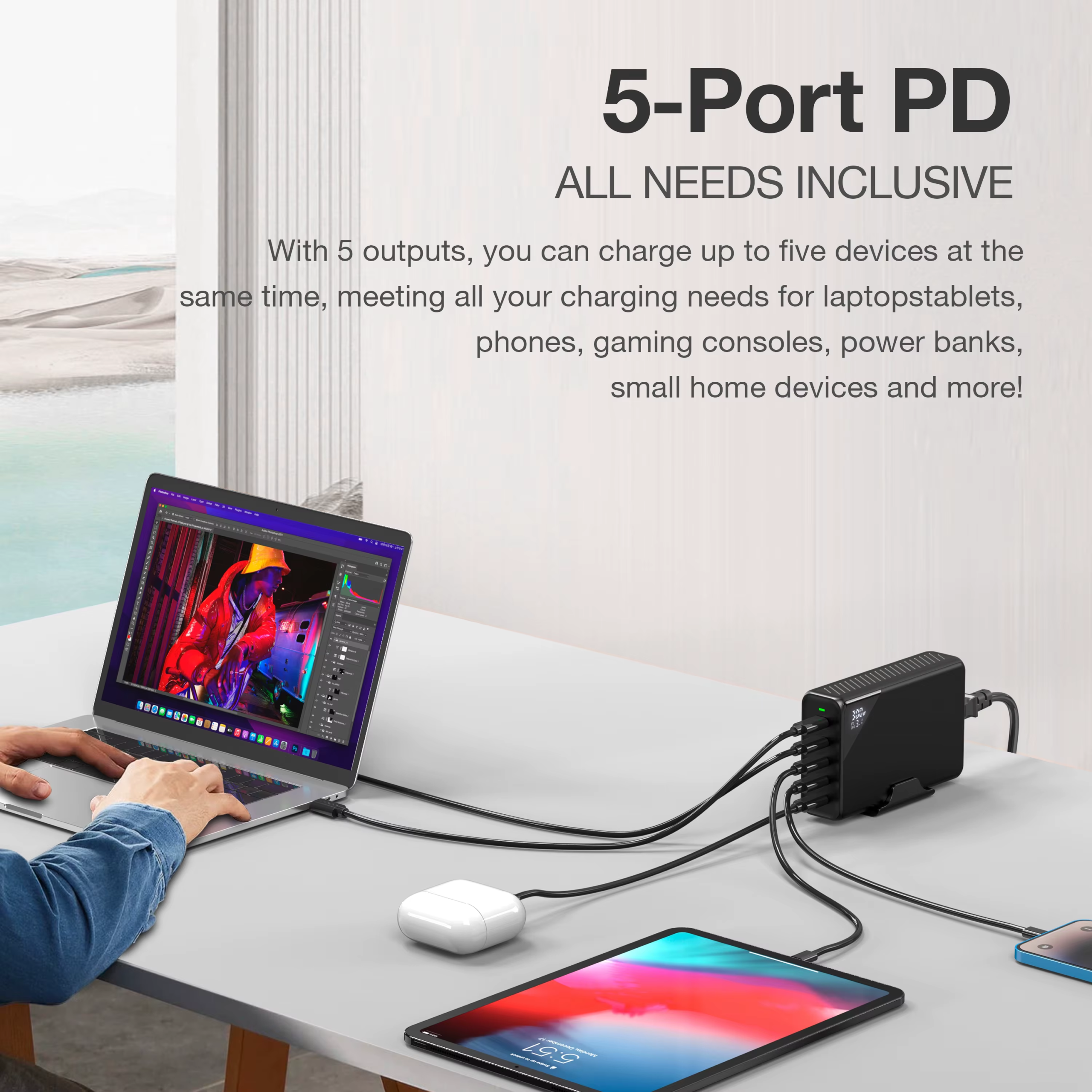 Cogeeker CGK-QC003-300 300W GaN Fast Charger 5-Port USB-C PD Desktop Charging Station - Image 3